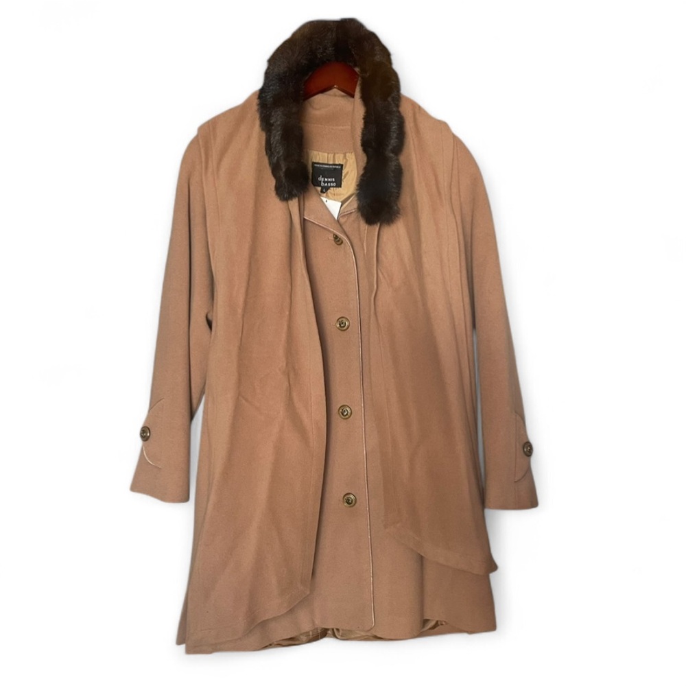 NWT Vintage Dennis Basso Tan Wool Cashmere Coat Detachable Faux Fur Trim Hood, L